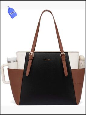Leather Laptop Tote Bag with Cup Holder, 15.6" Work Bag
